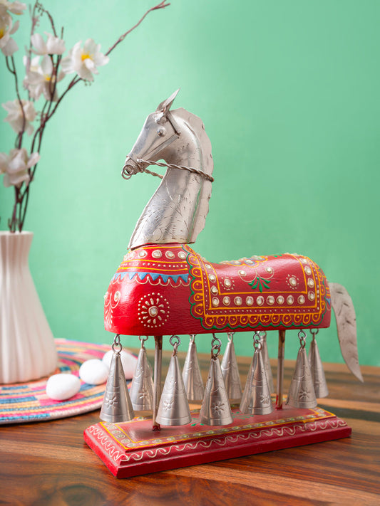 Rajasthani Style Wooden Uptrunk Horse with Embossed Work (10 Bell Horse) - Size (LxBxH): 8.5"x3.5"x13" Inch