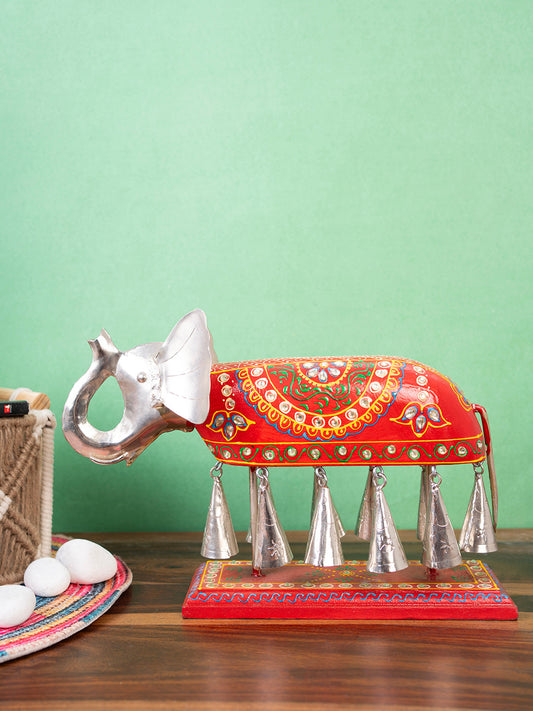 Rajasthani Style Wooden Uptrunk Elephant with Embossed Work (10 Bell Horse) - Size (LxBxH): 8.5"x3.5"x13" Inch