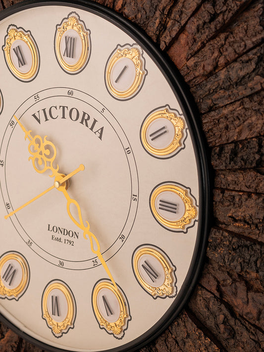 Victoria Rustic Charm Designer Wall Clock with Faux Wood Texture – Roman Numerals