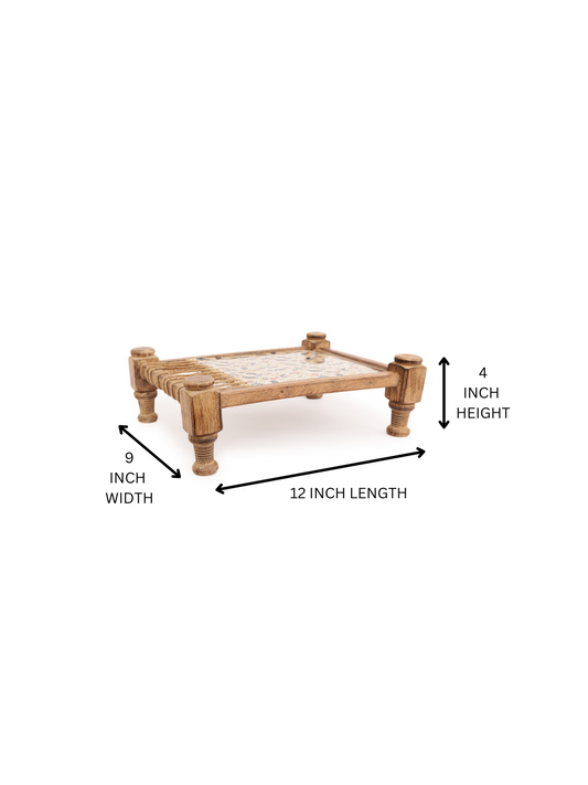 Rustic Khaat-Style Wooden  Serving Platter with Floral Fabric Inlay