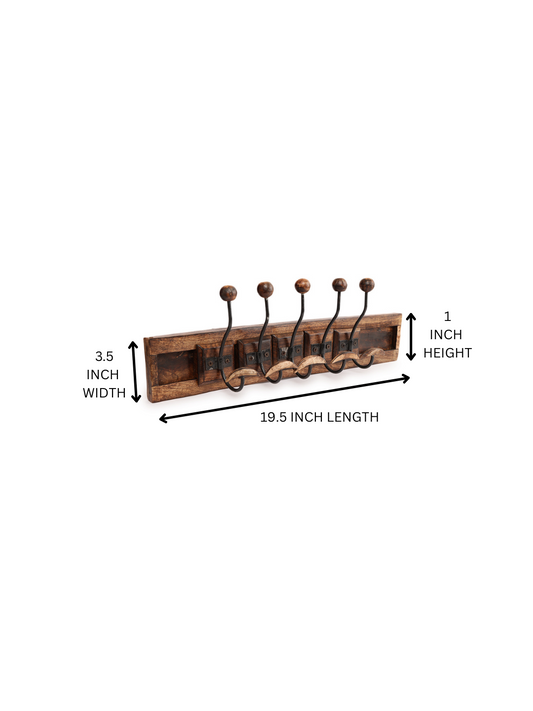 Rustic Wooden Coat and Key Rack with  Antique Metal Hooks - 5 Hooks