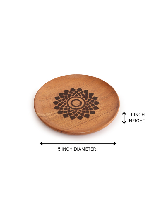 Single Piece Handcrafted Wooden Serving Plate with  Laser-Etched Floral Mandala
