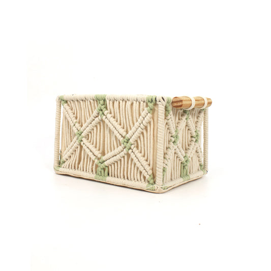 Handcrafted Macrame Storage Basket with Wooden Handles – Green Detailing