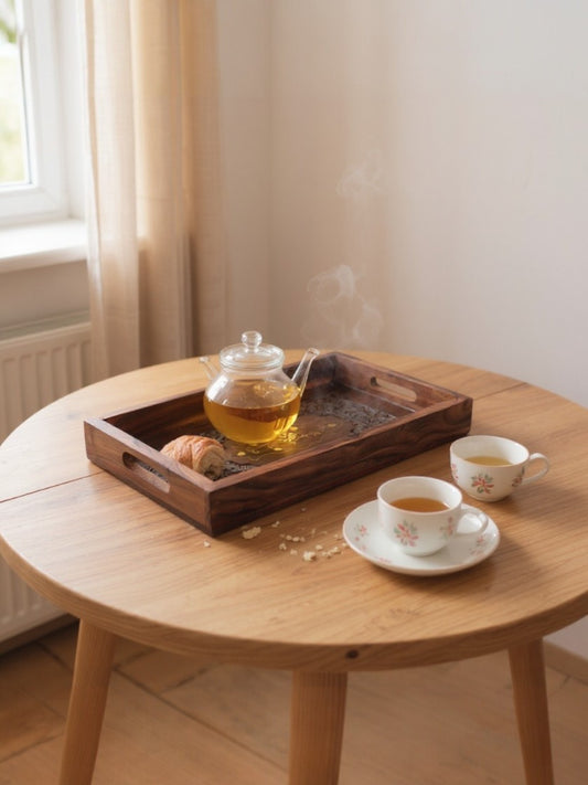 Handcrafted Wooden Serving Tray with Floral Carving