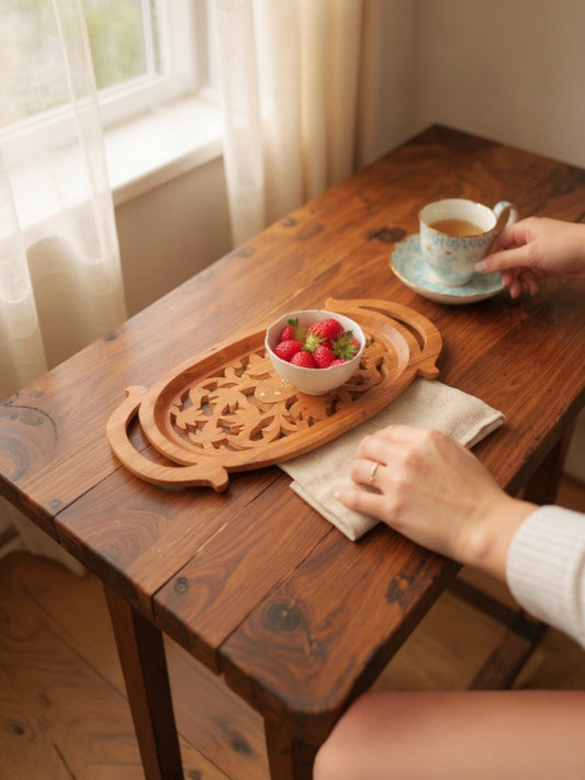 Handcrafted Sheesham Wood Decorative Serving Tray – Floral Carved Design (Brown, 1 Piece)