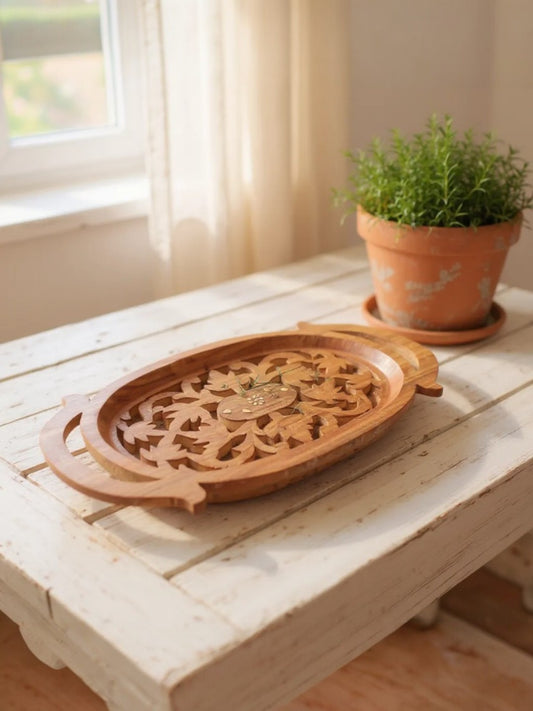 Handcrafted Sheesham Wood Decorative Serving Tray – Floral Carved Design (Brown, 1 Piece)
