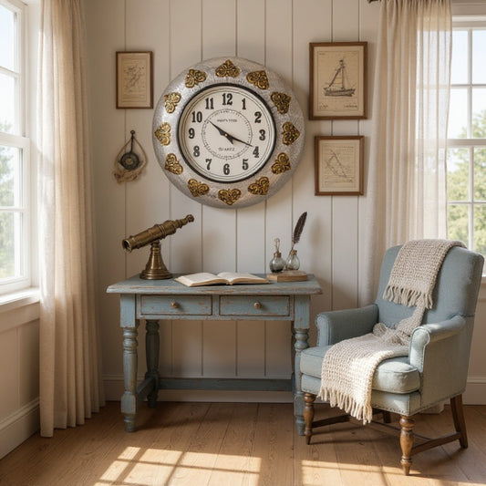 Classic Ship’s Time Wall Clock with Decorative Plastic Frame (White & Gold)