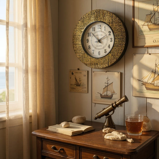 Ship's Time Textured Frame Wall Clock – Golden Black Finish with Bold Numbers