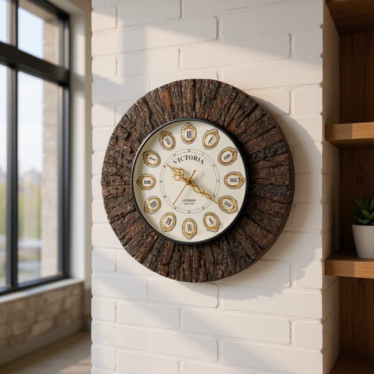 Victoria Rustic Charm Designer Wall Clock with Faux Wood Texture – Roman Numerals
